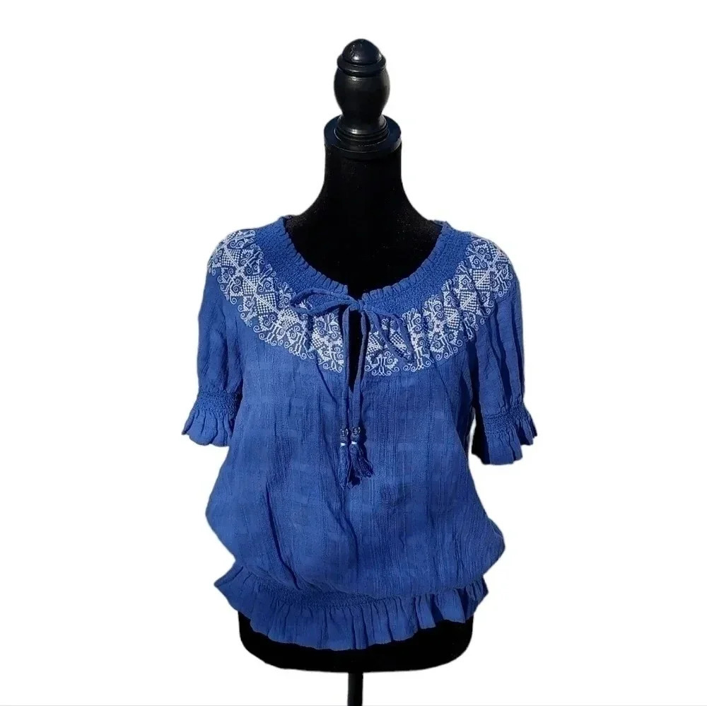 Tory Burch Blue Womens Blouse with Tassels Tie S/P 100%Cotton